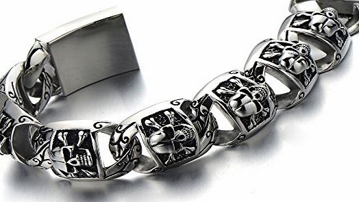 H C Heavy and Study Mens Stainless Steel Biker Skull Bracelet Silver Black Two-tone Polished