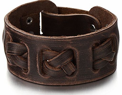 H C Interwoven Mens Leather Bracelet Brown Genuine Leather Wristband Bangle Bracelet Vintage Style
