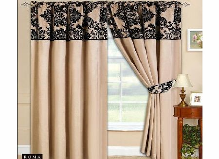 90``x90`` Half Flock Pencil Pleat Luxurious Pair Of Curtains With Matching Tie Backs Cream Black 90x90