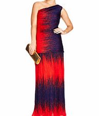 Red and blue one shoulder gown