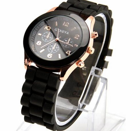 Gold Trim Quartz Rubber Silicone Wrist Watch For Unisex Men Womens Black Christmas Xmas Birthday Present Gift - Happy Bargains Ltd (Black)