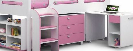 Happy Beds Kimbo White And Soft Pink Finished Sleep Station Childrens Kids Bunk Bed 3 Single With Orthopaedic Mattress