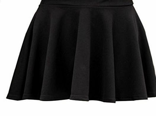 HappyUK Sexy Womens Stretch Waist Pleated Skirt Plain Skater Flared Mini Skirt(Black)