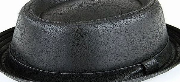 Hawkins Porkpie trilby hat black cracked leather distressed vintage effect soft - SM