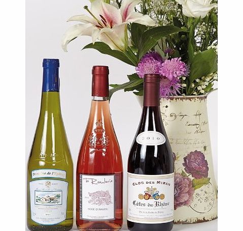 French wine trio in wooden box - Three bottle wine gift in wood - white, rose and red wines