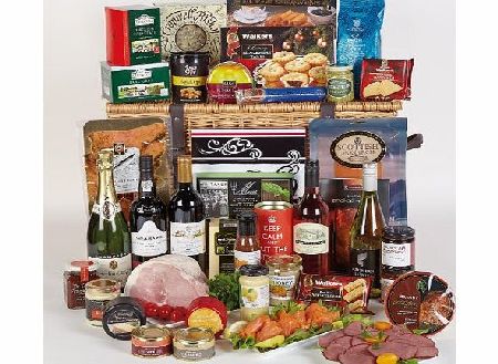 Luxurious Hamper - filled with Champagne, Port, red and white wine, ham, stilton cheese and smoked salmon and luxury treats. Includes mainland next working day delivery.