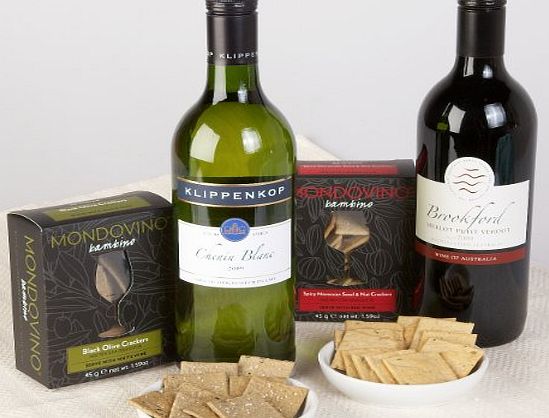 Two bottle red and white wine gift with savoury snacks in a gift box - free delivery