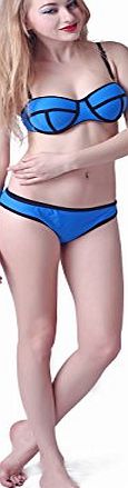 HDE Womens Neon Bandeau String Padded Push Up Bustier Bikini Swimsuit Set (Blue, Medium)