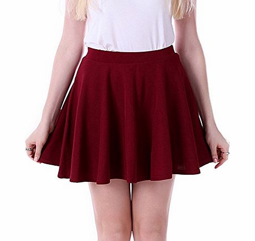 HDE Womens Solid Color Jersey Knit Flared A-Line Skater Skirt (Burgundy/Small)