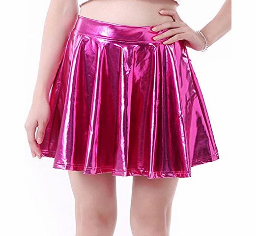 Womens Solid Color Metallic Flared Pleated Club Skater Skirt (Hot Pink, Medium)