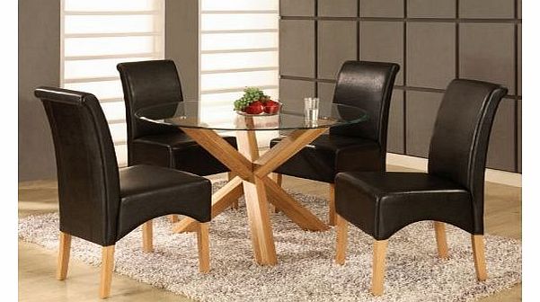 Heartlands 37`` Oak And Glass Circular Dining Table With 4 Brown Faux Leather Chairs