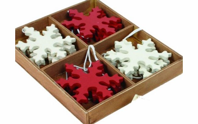 Heaven Sends Box Of Traditional Vintage Style Wooden Red Cream Snowflake Shape Christmas Tree Decorations