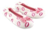 Moonlights `Mwah` Ladies Elastcated Ballerins Style Slippers With Embroidered Lips - White/Pink - 8 UK