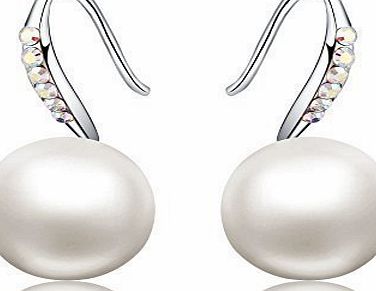 HERLINA Platinum Plated - 10mm Natural Shell Pearl - Austrian Crystal Swarovski Earrings For Women