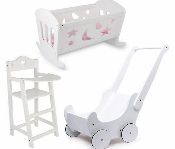Dolls White Varnished Wooden Set Cradle Cot Bed, High Chair and Pram - Girls Toy