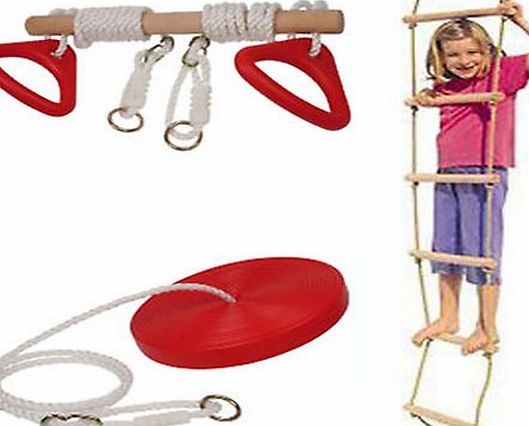 HHL SET Of Rope Ladder, Wooden Trapeze Swing amp; Red Plate Seat Outdoor Garden Toy