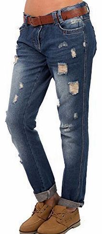 HIDDENFASHION Hidden Fashion Womens Ladies Mid Rise Frayed Ripped Relaxed Denim Jeans [NAVY_14]
