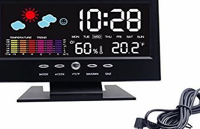 Hippih Electronic Table Clock Digital LCD Snooze Alarm Clock Bedside Desk Clock with Weather Station LED Backlight Colour Icon Indoor Temperature Humidity Day Date Time Display (Black)