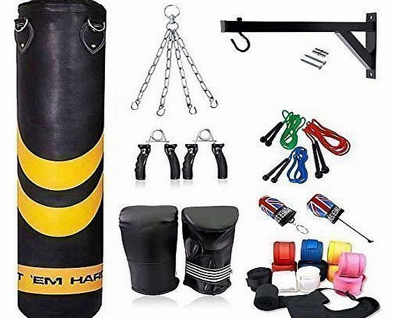 Hit Em Hard 10Pcs 4ft Punch Bag Boxing Set Filled MMA Punching Training Gloves Hanging Wall Bracket Chain Mitts