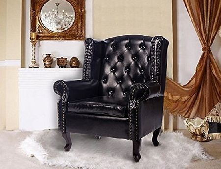 Homcom Antique High Back Chair PU Leather Seat Chesterfield Type Armchair Queen Anne Fireside Chair w/ Cushion (Black, Armchair)