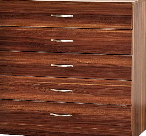 Home Discount Walnut Chest of Drawers, 5 Drawer With Metal Handles amp; Runners, Unique Anti-Bowing Drawer Support, Riano Bedroom Furniture