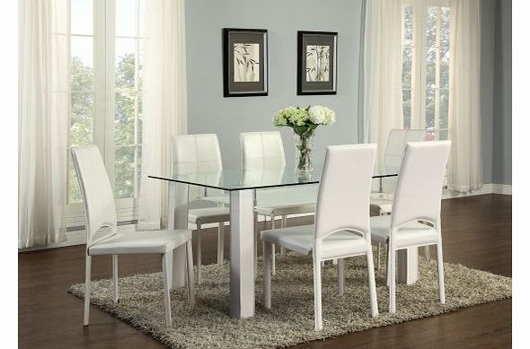 Black or White Dining Table Clear Glass and with 6 Matching Chairs Faux Leather (White)