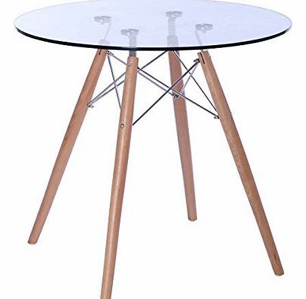 Como Glass Dining Round Table-Clear Glass Top With Wooden Legs-Perfect to match Charles & Ray Eames Style Chairs