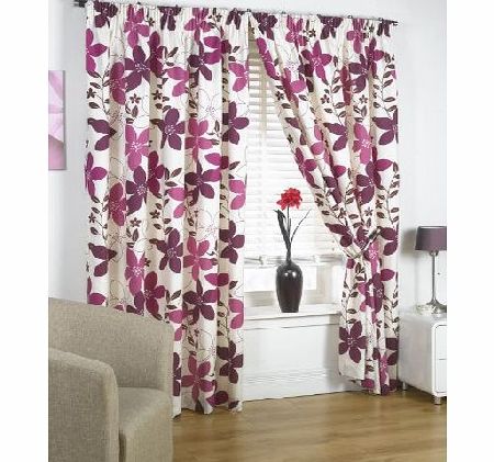 Home Sweet Home Ready Made Curtains Lined Printed Flower Design Plum 90`` x 72``