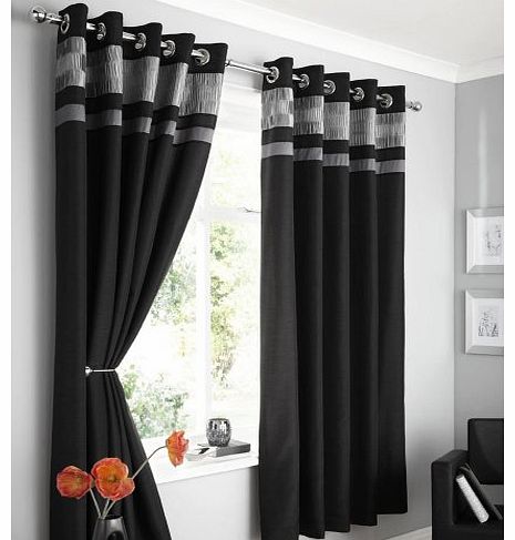 BLACK FAUX SILK LINED CURTAINS WITH EYELET RING TOP 66 x 72`` OPULENCE