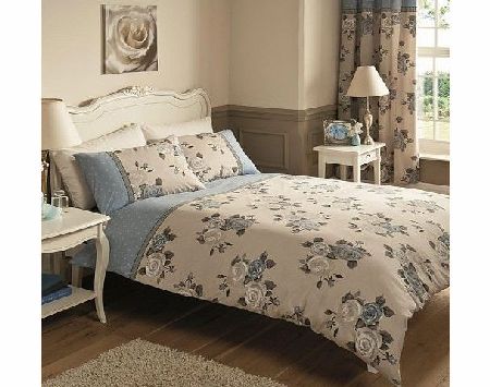 BLUE ROSE BOUQUET FLOWER - KING SIZE BED SET SHEET amp; CURTAINS 66 x 72``