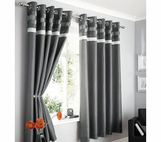 CHARCOAL GREY FAUX SILK LINED CURTAINS WITH EYELET RING TOP 66 x 72`` OPULENCE