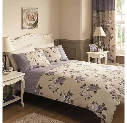 LILAC ROSE BOUQUET FLOWER - DOUBLE BED SET SHEET & CURTAINS 66 x 72``