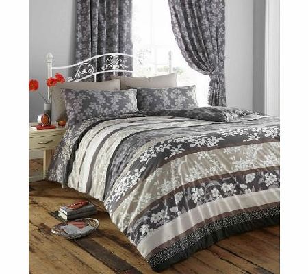HOMEMAKER BEDDING SINGLE DUVET COVER SET WITH MATCHING CURTAINS - CHARCOAL amp; MOCHA ORIENTAL FLOWER