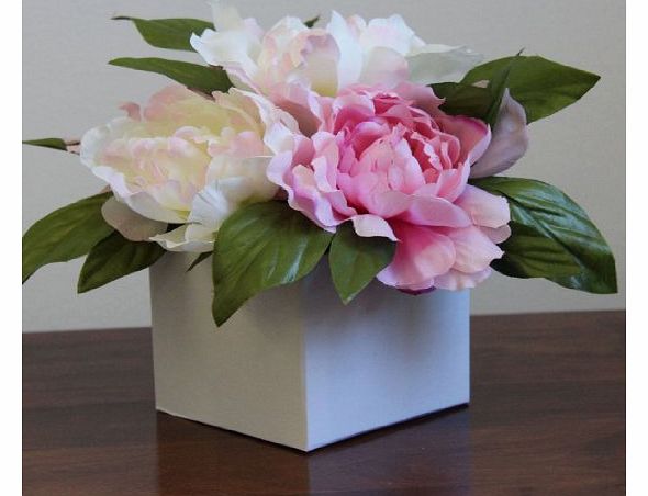 Homescapes Baby Pink Peonies in Square White Pot 19 cm - Artificial Flowers and Plants for Indoor Decoration