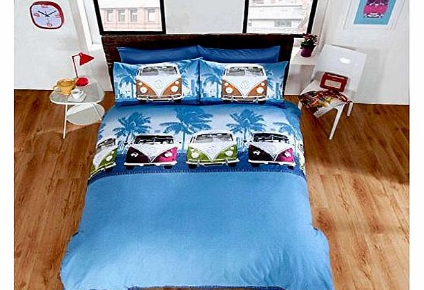 VW Camper Van Duvet Cover Quilt Bedding Set, Blue, Double
