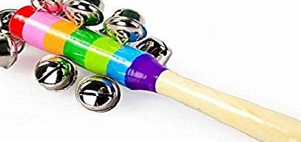 Homgaty Lovely Baby Kid Rainbow Pram Crib Handle Wooden Bell Stick Shaker Rattle Toy