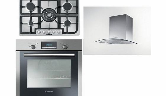 Hoover Built-in Multi Function Oven HOC709/6X, 5 Burner Gas Hob HGH75SQCX and HGM61X 60CM Glass Chimney Hood