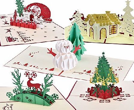 HOPESOOKY 3D Pop Up Christmas Cards 5 Assorted Xmas Handmade Designs Cute Greeting Cards-Pack of 5