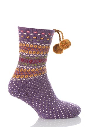 Hot Sox Ladies 1 Pair Hot Sox Overstitch Pom Pom Slipper Socks In 2 Colours Faded Wine