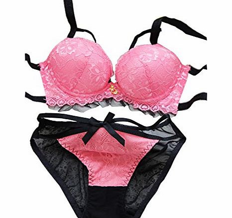 Hotportgift Lady/Girls Rose Underwire Bra Set Sexy Women Push Up B Cup Bra Outfit (32B/70B, Pink)