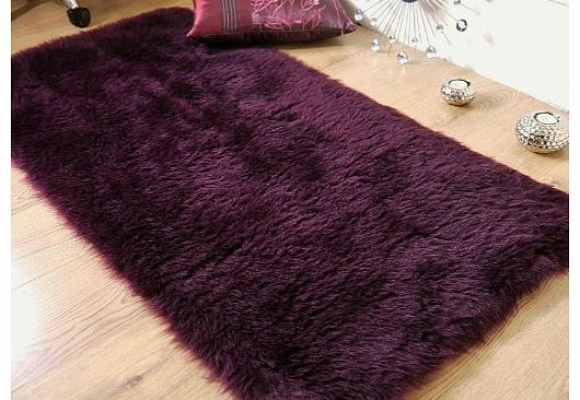 Plum aubergine purple faux fur sheepskin oblong rug 70 x 140 cm