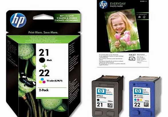 Original HP 21 Black & 22 Colour Printer Ink Cartridges & 10x FREE HP Advanced Glossy Photo Paper For use with HP Deskjet F2180/F2187/F2280/F2290
