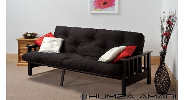 Ashton 3 Seater Futon Sofa Bed (4FT6 Double Size) - Wood & Metal Combo with Mattress [range of colours], Black