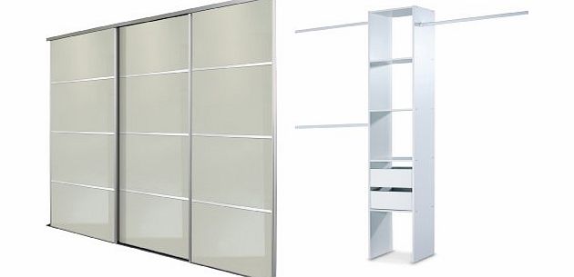 White Lacquered Glass, Silver framed, Triple, 4 Panel Sliding Wardrobe Door Kit up to 2692mm (8ft 10ins) wide.