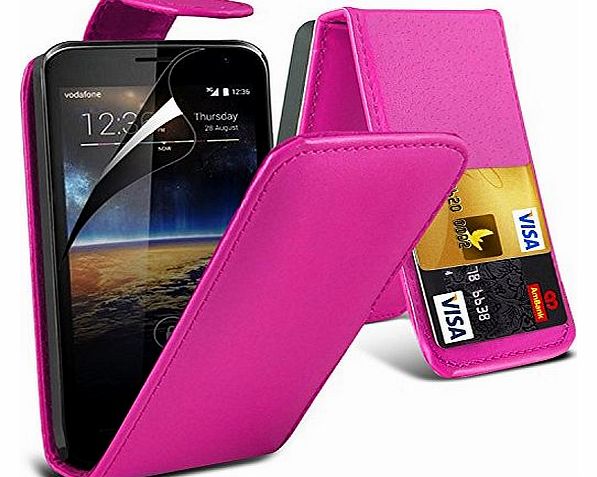 ( Hot Pink ) Vodafone Smart 4 Turbo High Quality Faux Credit / Debit Card Slot Leather Flip Skin Case Cover & LCD Screen Protector Guard by i-Tronixs