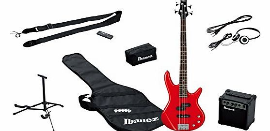 Ibanez IJSR190-RD Electric Bass Starter Set with Amplifier (Case, Tuner, Headphones, Accessories), Red