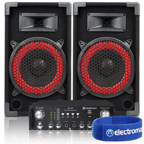 2x Ibiza Red 10`` Party DJ Speakers + Hi-Fi Amplifier Home Cinema System 500W