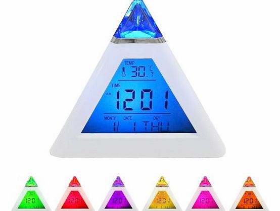 Digital 7*Colour LED Alarm Clock with Pyramid Design & Thermometer for Kids Children | Date Time Temperature Display + Alarm Settings | Digital Accessories by iChoose