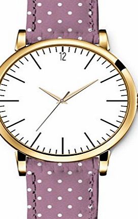 iCreat Leather Women Ladies Bracelet Quartz Watch Dial Analogue With White Dial Golden Case Design With Purple White Dots