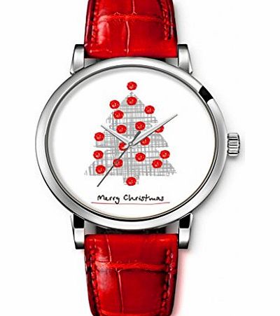 iCreat Women Ladies Girls Analog Wrist Watch Red Genuine Leather Strap with Merry Christmas Tree Grey